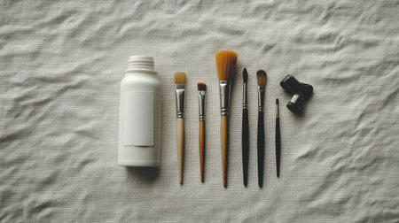Five wooden-handle paintbrushes, soap, wool, and dried flowers arranged on textured light fabric. Minimal still life with natural and creative feel.の素材
