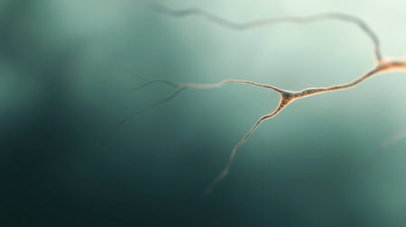 Close-up of a biological neuron with extended dendrites against a blurred green background. Abstract and organic concept of brain or nerve system.の素材