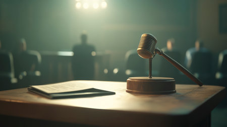 Wooden gavel rests on a desk in a courtroom with blurred audience in the background. Symbol of justice, law, and legal proceedings. No people visible.の素材
