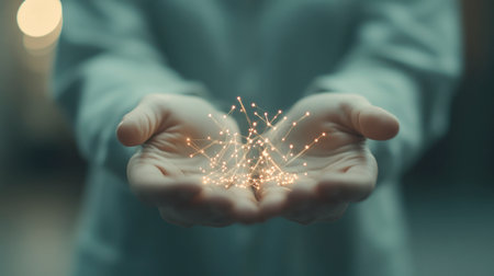 Outstretched human hands gently holding a glowing digital network of light nodes and lines. Abstract concept symbolizing technology and connection.の素材
