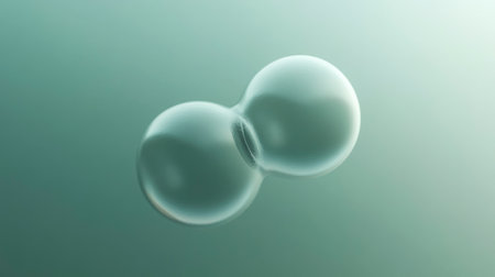 Two translucent spheres appear to merge in the center, suspended in a soft gradient green space. Abstract representation of fusion, unity, or biology.の素材