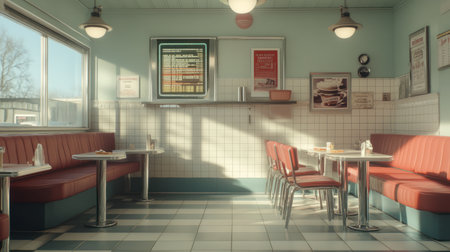 Vintage 1950s-style American diner with red booths, chrome tables, tiled walls and sunlight. No people present. Clean, nostalgic atmosphere.の素材