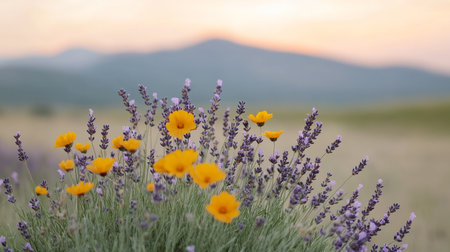 Close-up of blooming lavender and yellow wildflowers in a meadow with mountains in the background at sunset. Natural, peaceful and colorful scenery.の素材