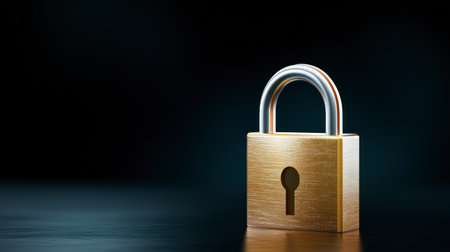 Close-up of a golden padlock with metallic shackle placed on a dark reflective background. Symbol of security, privacy, protection. No people shown.の素材