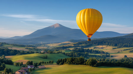 Bright yellow hot air balloon floating above green fields and hills at sunrise, with a distant mountain and blue sky in the background. Peaceful view.の素材