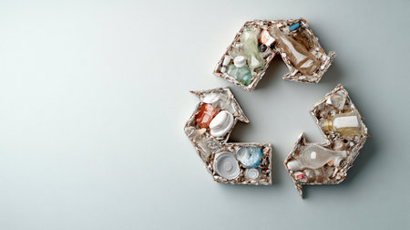 Recycle icon created with real plastic waste on a flat surface. No people present. Conceptual studio setup with eco-friendly and environmental message.の素材