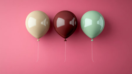 Three glossy balloons in beige, burgundy, and mint green hang vertically against a solid pink wall. Clean lighting and smooth shadows add minimal elegance.の素材