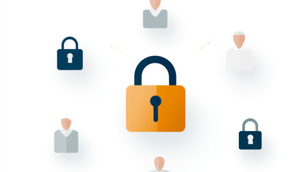 Illustration of two padlocks and a secured envelope with a key card, all in flat style. Symbolic image for digital security and data protection.の素材