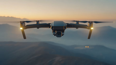 Front view of a black drone with lights flying above foggy mountains during sunrise. No people. Aerial technology in natural environment.の素材