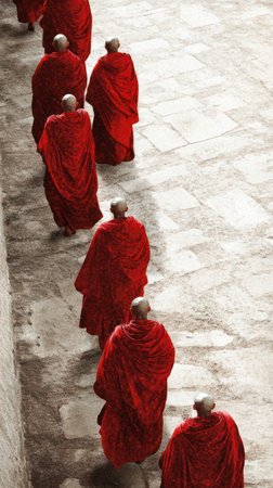 Group of Buddhist monks dressed in red robes walking in line beside a bold red wall. Geometric shadows, spiritual and minimalist composition.の素材