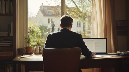 Caucasian man in suit seen from behind working on a laptop in a home office with sunlight coming through large windows, surrounded by books and plants.の素材