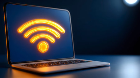 A modern laptop displays a large orange glowing Wi-Fi icon on its screen. The scene is indoors with moody lighting and no visible people or hands.の素材
