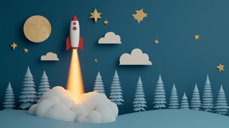 Playful toy rocket launches over a miniature city model with buildings, clocks, and stars. Colorful educational or startup-themed concept. No people shown.の素材