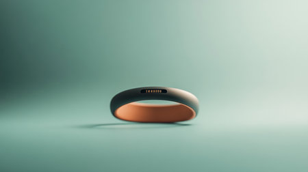 Minimalist photo of a modern smart fitness bracelet with display, resting on a green surface. The band has a sleek black and orange design, no people.の素材