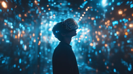 Silhouette of a woman standing before a vibrant, colorful digital screen with cosmic visuals. Immersive art or tech installation. Indoor.の素材