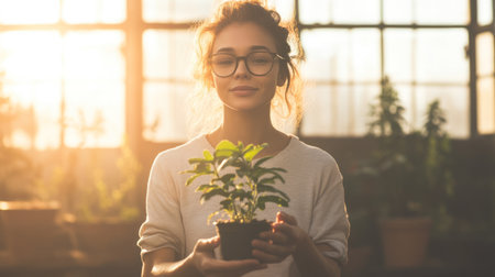Young Caucasian woman with glasses holding a green plant in a pot. She stands in a greenhouse with sunlight behind her. Peaceful, eco-friendly vibe.の素材