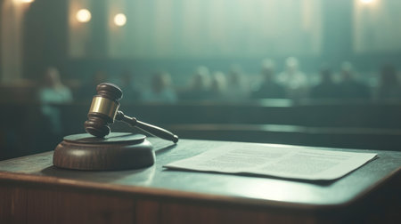 Wooden gavel rests on a desk in a courtroom with blurred audience in the background. Symbol of justice, law, and legal proceedings. No people visible.の素材