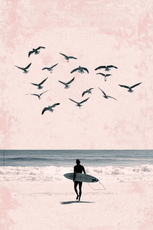 Silhouette of a surfer walking along a serene beach at sunset, carrying a board, with seagulls flying above. Stylized illustration, peaceful vibe.の素材