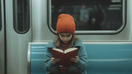 Quiet, introspective urban moment.Young woman reading a book alone in subway train seatの素材