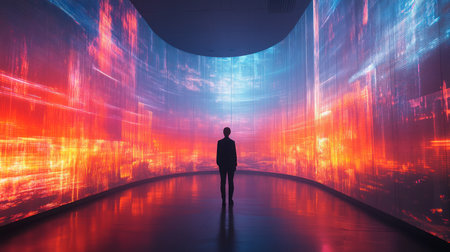 Silhouette of a woman standing before a vibrant, colorful digital screen with cosmic visuals. Immersive art or tech installation. Indoor.の素材