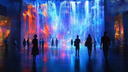 Silhouetted visitors stand before a massive LED screen showing a vibrant, digital waterfall in an immersive exhibition space. Multicolored light surrounds them.の素材