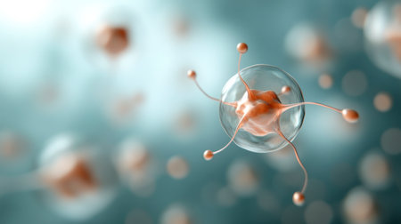 Highly detailed 3D illustration of a single biological cell with multiple filaments or receptors, suspended in a soft-focus scientific background. No people.の素材