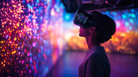Silhouette of a woman standing before a vibrant, colorful digital screen with cosmic visuals. Immersive art or tech installation. Indoor.の素材