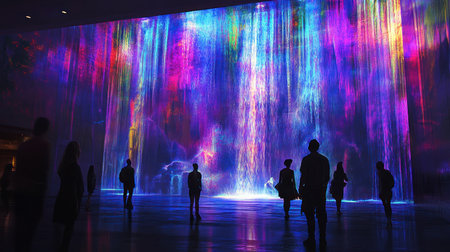 Silhouetted visitors stand before a massive LED screen showing a vibrant, digital waterfall in an immersive exhibition space. Multicolored light surrounds them.の素材
