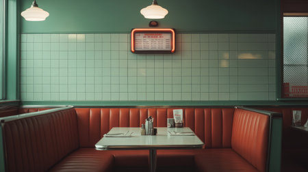 Vintage 1950s-style American diner with red booths, chrome tables, tiled walls and sunlight. No people present. Clean, nostalgic atmosphere.の素材