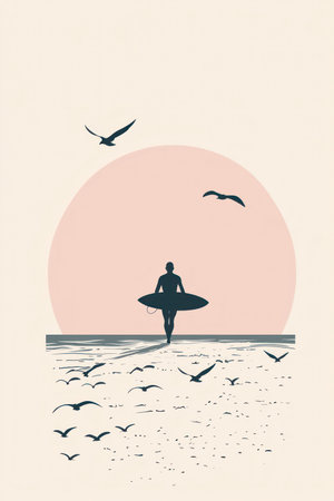Silhouette of a surfer walking along a serene beach at sunset, carrying a board, with seagulls flying above. Stylized illustration, peaceful vibe.の素材