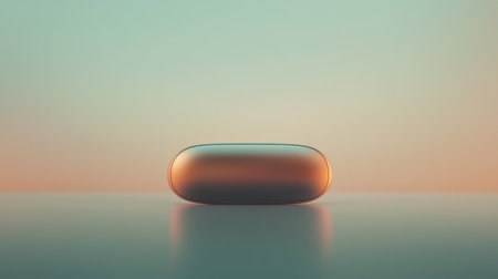 Close-up of a single red capsule pill placed on a smooth surface with a green gradient background. Minimal medical or pharmaceutical concept.の素材