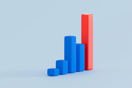 3D illustration of a blue and red bar chart on light background, showing contrast or comparison in data performance, growth or competition.の写真素材