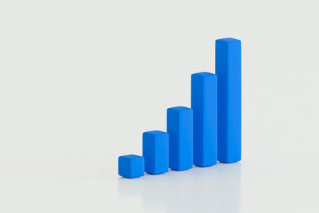Abstract 3D illustration of a blue vertical bar chart showing growth, on a light pastel background. Clean, modern business concept.の写真素材