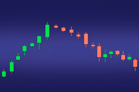 3D candlestick chart with red and green bars on a dark blue background. No people, used in finance, trading, crypto or stock market visualizations.の写真素材
