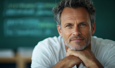 Portrait of a confident male teacher in a white shirt, smiling in front of a chalkboard with colorful diagrams. Educational setting.の素材