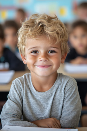 Blond Caucasian boy smiling confidently in a classroom, wearing a gray shirt, sitting at a desk with classmates blurred in the background.の素材
