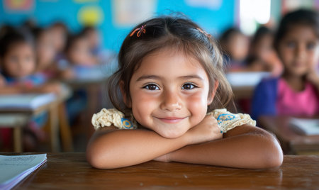 Smiling young Latin girl with dark hair and clips sits at her desk in a colorful classroom, resting her arms and looking at the camera confidently.の素材