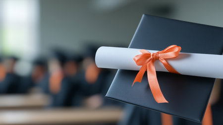 Close-up of a black graduation cap and white diploma tied with an orange ribbon. Blurred graduates in black gowns and caps in the background.の素材