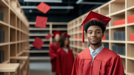 Young man in red graduation gown smiles proudly in a modern library while classmates celebrate behind him tossing caps.の素材