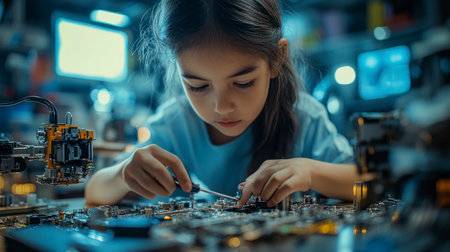 A young girl concentrates on assembling an electronic circuit with tools, surrounded by robotic parts in a high-tech, futuristic lab environment.の素材