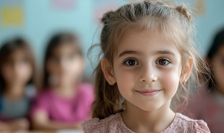 Smiling Middle Eastern girl with long brown hair and brown eyes sits in a classroom, looking at the camera with other children blurred in background.の素材