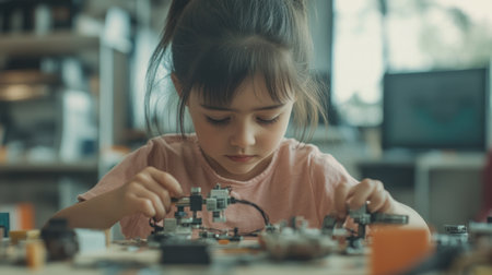 A young girl concentrates on assembling an electronic circuit with tools, surrounded by robotic parts in a high-tech, futuristic lab environment.の素材