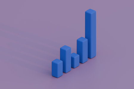 Minimal 3D render of rising blue bars casting long shadows on a purple background, suggesting positive growth. No people.の写真素材