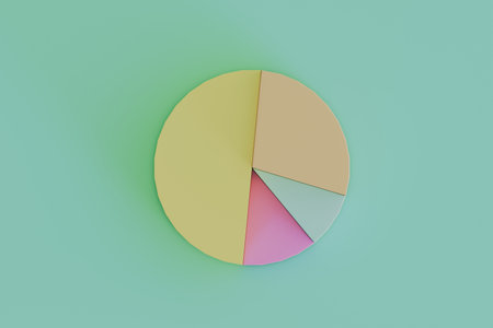 Top-down 3D render of a pastel pie chart with four colored slicesâyellow, beige, pink and mintâon a soft mint background. No people.の写真素材
