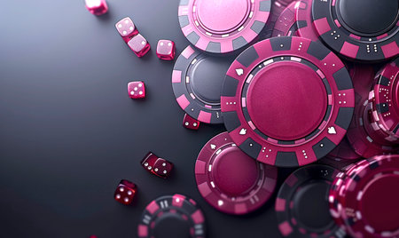 Close-up of scattered pink and black casino chips and dice on a dark surface. Abstract composition, no people, representing gambling or chance.の素材