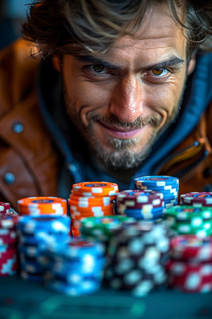 Caucasian man in a blazer sitting at a casino poker table with stacks of chips, looking confidently at the camera under warm ambient lights.の素材
