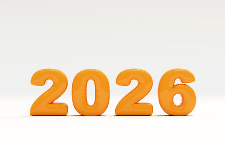 3D render of glossy orange numbers reading 2026, isolated on a white studio background. No people....