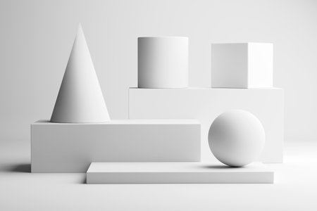 3D render of simple white shapes â cone, sphere, cube, and cylinder â arranged on white blocks in a soft-lit, neutral studio setting. No people present.の写真素材