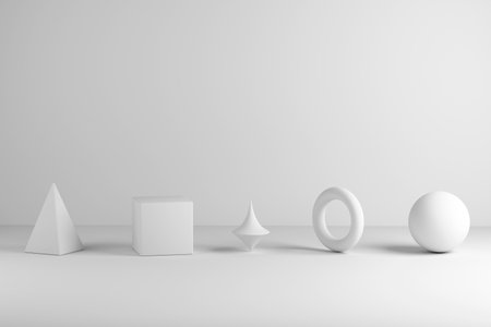 Five matte white 3D shapes â€” pyramid, cube, spike, torus, and sphere â€” are aligned in...