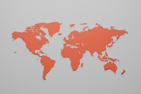 Stylized world map illustration showing all continents in a flat orange tone on a neutral gray background. Global concept for business, geography, or data visualization.の写真素材